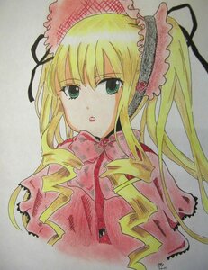 Rating: Safe Score: 0 Tags: 1girl blonde_hair bonnet dress drill_hair frills image long_hair long_sleeves looking_at_viewer marker_(medium) ribbon shinku simple_background solo traditional_media twin_drills twintails upper_body User: admin