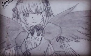 Rating: Safe Score: 0 Tags: 1girl hair_ribbon image long_hair long_sleeves looking_at_viewer monochrome puffy_sleeves ribbon signature solo suigintou upper_body wings User: admin