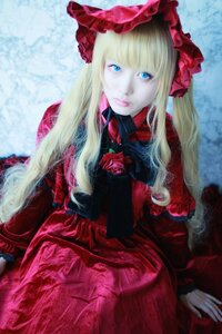 Rating: Safe Score: 0 Tags: 1girl blonde_hair blue_eyes dress flower lips long_hair long_sleeves looking_at_viewer pale_skin red_dress rose shinku solo User: admin