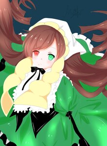Rating: Safe Score: 0 Tags: 1girl bow brown_hair dress frills green_dress green_eyes heterochromia image long_hair long_sleeves looking_at_viewer red_eyes signature solo suiseiseki very_long_hair User: admin