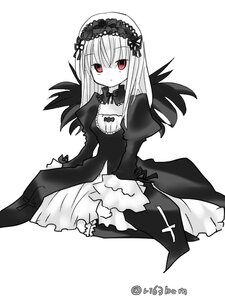 Rating: Safe Score: 0 Tags: 1girl bangs black_wings boots bow closed_mouth detached_collar dress expressionless eyebrows_visible_through_hair frills full_body greyscale hairband image juliet_sleeves lolita_hairband long_hair long_sleeves looking_at_viewer monochrome puffy_sleeves red_eyes simple_background sitting solo suigintou twitter_username white_background wings User: admin