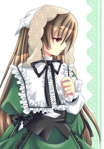 Rating: Safe Score: 0 Tags: 1girl black_ribbon brown_hair dress frills green_dress image long_hair long_sleeves red_eyes ribbon solo suiseiseki very_long_hair User: admin