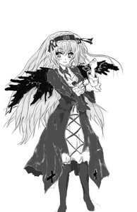 Rating: Safe Score: 0 Tags: 1girl boots dress frills full_body greyscale hairband image lolita_hairband long_hair long_sleeves looking_at_viewer monochrome ribbon solo standing suigintou very_long_hair white_background wings User: admin