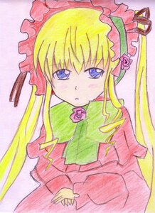 Rating: Safe Score: 0 Tags: 1girl blonde_hair blue_eyes bonnet bow bowtie flower image long_hair long_sleeves looking_at_viewer pink_background pink_flower pink_rose rose shinku sidelocks solo upper_body User: admin