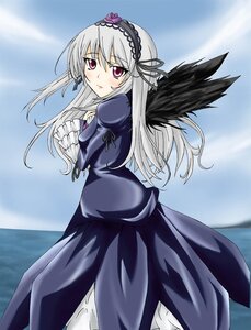 Rating: Safe Score: 3 Tags: 1girl black_dress black_wings blush commentary_request dress frilled_sleeves frills hairband highres image juliet_sleeves kannazuki_sakyou long_hair long_sleeves looking_at_viewer looking_back ocean outdoors pink_eyes puffy_sleeves rozen_maiden silver_hair sky solo standing suigintou water wings User: admin