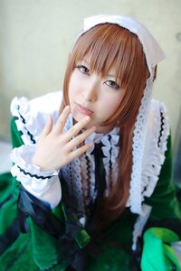Rating: Safe Score: 0 Tags: 1girl 3d bangs blurry blurry_background blurry_foreground brown_hair depth_of_field dress frills green_dress lips lolita_fashion long_hair long_sleeves looking_at_viewer makeup photo realistic solo suiseiseki tongue upper_body User: admin