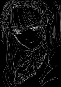 Rating: Safe Score: 0 Tags: 1girl bow dress greyscale hairband image long_hair looking_at_viewer monochrome simple_background smile solo suigintou User: admin