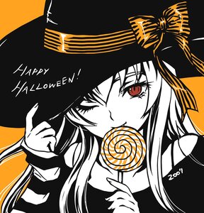Rating: Safe Score: 0 Tags: 1girl 2007 artist_request candy dated food halloween happy_halloween hat highres image imageboard_desourced jack-o'-lantern limited_palette lollipop long_hair monochrome non-web_source one_eye_closed orange_background red_eyes ribbon rozen_maiden signature solo spot_color suigintou swirl_lollipop trick_or_treat witch_hat User: admin