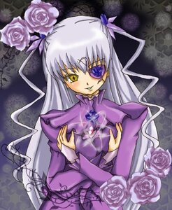 Rating: Safe Score: 0 Tags: 1girl barasuishou dress eyepatch flower image long_hair long_sleeves looking_at_viewer pink_flower pink_rose purple_flower purple_rose purple_theme rose silver_hair solo upper_body very_long_hair yellow_eyes User: admin