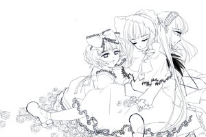 Rating: Safe Score: 0 Tags: 3girls blunt_bangs bow closed_eyes dress flower frills long_hair monochrome multiple_girls rose short_hair siblings smile twins User: admin