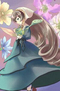 Rating: Safe Score: 0 Tags: 1girl apron brown_hair commentary_request dress drill_hair flower green_eyes hairband heterochromia holding iiru image long_hair long_sleeves rozen_maiden solo suiseiseki traditional_media very_long_hair watering_can User: admin