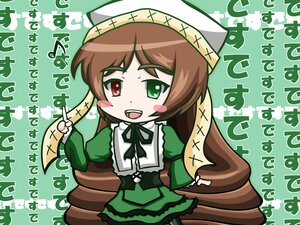 Rating: Safe Score: 0 Tags: 1girl :d blush_stickers brown_hair dress green_dress green_eyes hat head_scarf image long_hair long_sleeves open_mouth red_eyes ribbon smile solo suiseiseki very_long_hair User: admin