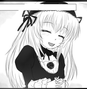 Rating: Safe Score: 0 Tags: 1girl :d blush closed_eyes dress flower frills greyscale hairband image long_hair long_sleeves monochrome open_mouth own_hands_together rose simple_background smile solo suigintou upper_body white_background User: admin