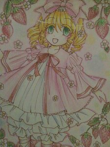 Rating: Safe Score: 0 Tags: 1girl blonde_hair bow dress drill_hair flower frills fruit green_eyes hair_bow hina_ichigo hinaichigo image looking_at_viewer open_mouth pink_bow short_hair smile solo traditional_media watercolor_(medium) User: admin