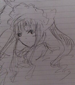 Rating: Safe Score: 0 Tags: 1girl bangs closed_mouth frown hat image long_hair looking_at_viewer mob_cap monochrome patchouli_knowledge shinku sketch solo traditional_media upper_body User: admin