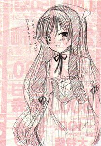 Rating: Safe Score: 0 Tags: 1girl blush dress image long_hair long_sleeves monochrome pink_theme ribbon solo suiseiseki very_long_hair User: admin