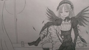 Rating: Safe Score: 0 Tags: 1girl black_wings dress feathered_wings feathers flower frills hairband image long_hair long_sleeves looking_at_viewer monochrome ribbon solo suigintou very_long_hair wings User: admin