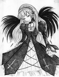 Rating: Safe Score: 0 Tags: 1girl auto_tagged dress frills greyscale hairband image long_hair long_sleeves looking_at_viewer monochrome solo suigintou traditional_media wings User: admin