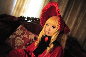 Rating: Safe Score: 0 Tags: 1girl bangs blonde_hair blue_eyes blurry blurry_background bonnet curtains depth_of_field drill_hair lips long_hair long_sleeves looking_at_viewer red_dress shinku sitting solo upper_body User: admin