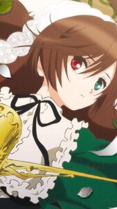 Rating: Safe Score: 0 Tags: 1girl bangs brown_hair closed_mouth dress frills green_dress heterochromia image long_hair looking_at_viewer red_eyes ribbon solo suiseiseki User: admin