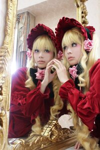 Rating: Safe Score: 0 Tags: 2girls blonde_hair blue_eyes bonnet bow dress flower hat long_hair long_sleeves looking_at_viewer mirror multiple_girls photo pink_flower red_dress reflection rose shinku solo User: admin