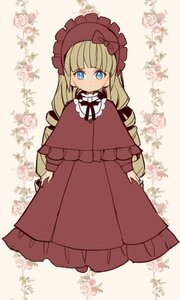 Rating: Safe Score: 0 Tags: 1girl bangs blonde_hair blue_eyes blush bonnet bow capelet closed_mouth dress drill_hair flower full_body image long_hair long_sleeves looking_at_viewer red_dress rose shinku solo standing striped User: admin