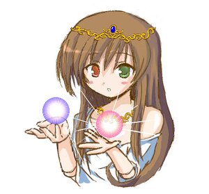Rating: Safe Score: 0 Tags: 1girl bangs bare_shoulders blush brown_hair eyebrows_visible_through_hair gem green_eyes heterochromia image long_hair looking_at_viewer orb simple_background solo suiseiseki upper_body white_background User: admin