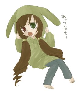 Rating: Safe Score: 0 Tags: 1girl barefoot brown_hair full_body green_eyes heterochromia hood image long_hair open_mouth red_eyes simple_background solo striped suiseiseki twintails white_background User: admin