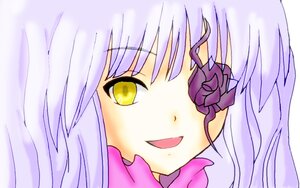 Rating: Safe Score: 0 Tags: 1girl bangs barasuishou close-up eyebrows_visible_through_hair face flower image looking_at_viewer open_mouth rose silver_hair simple_background smile solo yellow_eyes User: admin