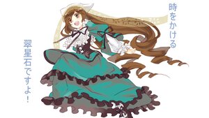 Rating: Safe Score: 0 Tags: 1girl :d brown_eyes brown_hair dress frills green_dress green_eyes hat head_scarf image long_hair long_sleeves open_mouth ribbon smile solo suiseiseki very_long_hair white_background User: admin