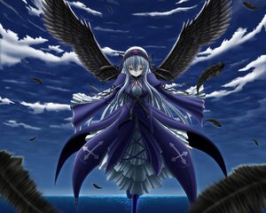 Rating: Safe Score: 0 Tags: 1girl black_feathers black_wings cloud dress feathered_wings feathers flower hairband image long_hair looking_at_viewer red_eyes silver_hair sky solo suigintou water wings User: admin