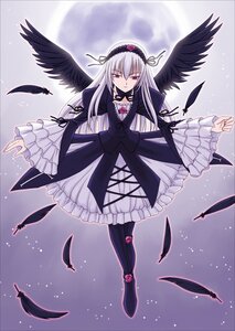 Rating: Safe Score: 0 Tags: 1girl black_feathers black_legwear black_wings dress feathered_wings feathers flower frilled_sleeves frills full_body hairband lolita_fashion long_hair long_sleeves looking_at_viewer pink_eyes rose silver_hair solo suigintou wings User: admin