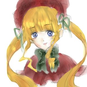 Rating: Safe Score: 0 Tags: 1girl auto_tagged bangs blonde_hair blue_eyes blush bonnet bow bowtie dress green_bow green_neckwear hat image long_hair looking_at_viewer red_dress shinku simple_background smile solo upper_body white_background User: admin