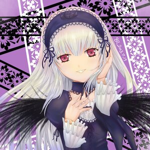 Rating: Safe Score: 3 Tags: 1girl black_wings dress flower frills hairband image juliet_sleeves long_hair long_sleeves looking_at_viewer silver_hair smile solo suigintou upper_body wings User: admin