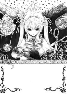 Rating: Safe Score: 0 Tags: 1girl cup dress drill_hair flower greyscale image long_hair long_sleeves looking_at_viewer monochrome petals rose shinku solo teacup twintails very_long_hair User: admin