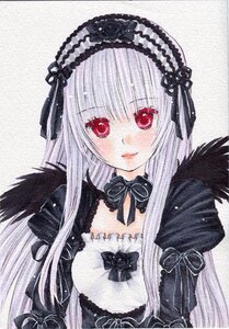 Rating: Safe Score: 0 Tags: 1girl black_ribbon closed_mouth dress flower gothic_lolita hairband image lolita_fashion long_hair long_sleeves looking_at_viewer marker_(medium) red_eyes ribbon rose silver_hair simple_background smile solo suigintou traditional_media upper_body white_background User: admin