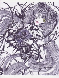 Rating: Safe Score: 0 Tags: 1girl eyepatch flower hair_ornament image kirakishou long_hair monochrome rose solo traditional_media twintails very_long_hair User: admin