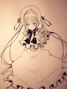 Rating: Safe Score: 0 Tags: 1girl dress image long_hair long_sleeves looking_at_viewer monochrome ribbon shinku solo traditional_media twintails very_long_hair User: admin