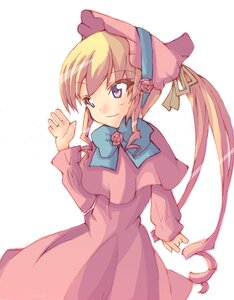 Rating: Safe Score: 0 Tags: 1girl blonde_hair bonnet bow capelet dress flower hat image long_hair long_sleeves pink_dress rose shinku simple_background smile solo striped very_long_hair white_background User: admin