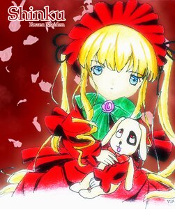 Rating: Safe Score: 0 Tags: 1girl blonde_hair blue_eyes bonnet bow bowtie dress flower green_bow image long_hair long_sleeves looking_at_viewer red_dress rose shinku sidelocks sitting solo User: admin