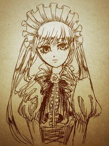 Rating: Safe Score: 0 Tags: 1girl closed_mouth dress frills image long_hair long_sleeves looking_at_viewer monochrome photo rose shinku sidelocks solo traditional_media twintails upper_body User: admin