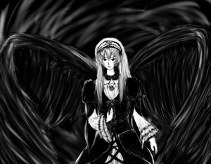 Rating: Safe Score: 0 Tags: 1girl dress frills greyscale hairband image long_hair long_sleeves looking_at_viewer monochrome sitting solo suigintou very_long_hair wings User: admin