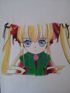 Rating: Safe Score: 0 Tags: 1girl bangs blonde_hair blue_eyes bow bowtie closed_mouth dress eyebrows_visible_through_hair flower image long_hair looking_at_viewer marker_(medium) photo rose shinku sidelocks simple_background solo traditional_media User: admin