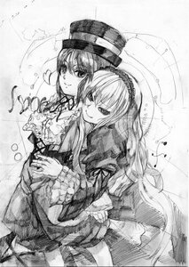 Rating: Safe Score: 0 Tags: 2girls dress eighth_note frills greyscale hat image long_hair long_sleeves looking_at_viewer monochrome multiple_girls musical_note pair rain smile souseiseki suigintou traditional_media User: admin