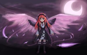 Rating: Safe Score: 0 Tags: 1girl angel_wings crescent_moon dress feathered_wings feathers frills full_body image long_hair long_sleeves moon open_mouth red_eyes red_hair solo suigintou wings User: admin