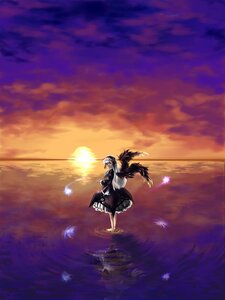 Rating: Safe Score: 0 Tags: 1girl barefoot cloud dress evening flying hat horizon image long_hair long_sleeves orange_sky reflection scenery sky solo suigintou sun sunset twilight water wide_sleeves wings User: admin