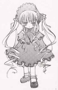 Rating: Safe Score: 0 Tags: 1girl dress frills full_body greyscale image long_hair long_sleeves looking_at_viewer monochrome shinku shoes simple_background solo standing suigintou twintails very_long_hair User: admin