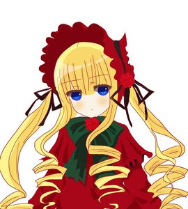 Rating: Safe Score: 0 Tags: 1girl blonde_hair blue_eyes blush bonnet bow bowtie capelet dress drill_hair flower green_bow image long_hair long_sleeves looking_at_viewer pink_rose red_capelet ringlets rose shinku simple_background solo twin_drills twintails upper_body white_background User: admin