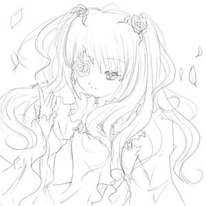 Rating: Safe Score: 0 Tags: 1girl dress eyepatch flower greyscale hair_flower hair_ornament image kirakishou lineart long_hair long_sleeves monochrome petals rose smile solo User: admin