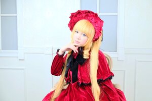 Rating: Safe Score: 0 Tags: 1girl bangs blonde_hair blue_eyes bonnet bow dress frills long_hair long_sleeves red_dress shinku solo very_long_hair User: admin